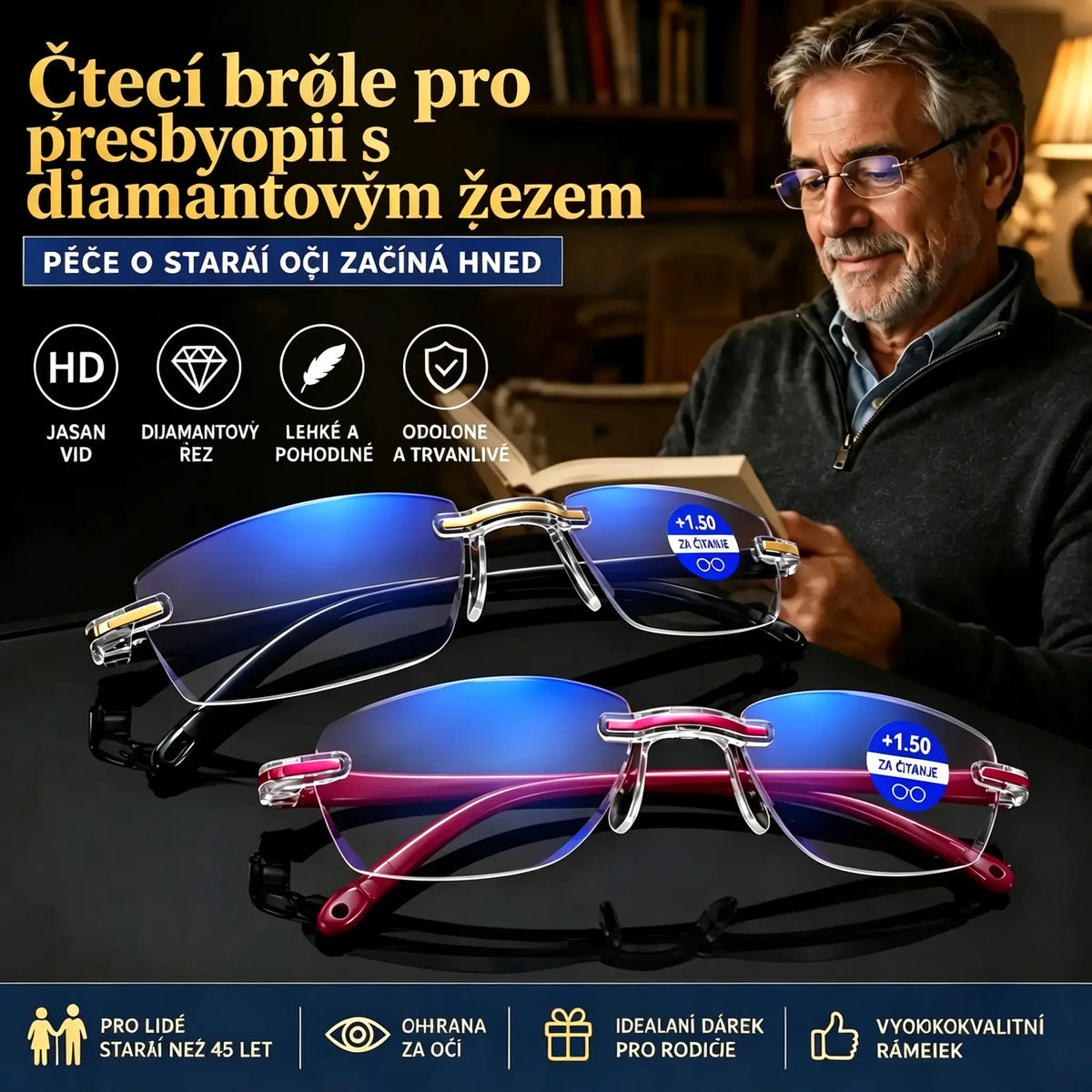 1 pár za 460 Kč 🧐👓 Elegantní brýle na čtení s filtrem modrého světla; bezrámový design pro snížení únavy očí a prevenci krátkozrakosti; vhodné pro muže i ženy.