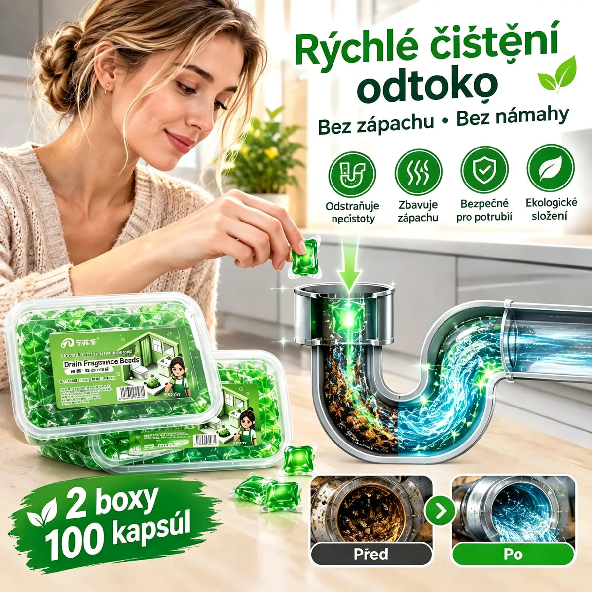 2 balení (100 tablet) za 540 Kč. Ve vodě rozpustné kapsle na odstranění zápachu z odtoků – dokonalé řešení, jak zabránit šíření zápachu v koupelnách a kuchyních.