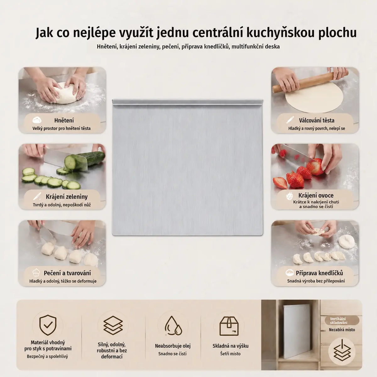 🔪【Extra silná】Krájecí deska z nerezové oceli s ohnutým okrajem – multifunkční a stabilní, ideální pro profesionální kuchyni i domácí vaření! ✨