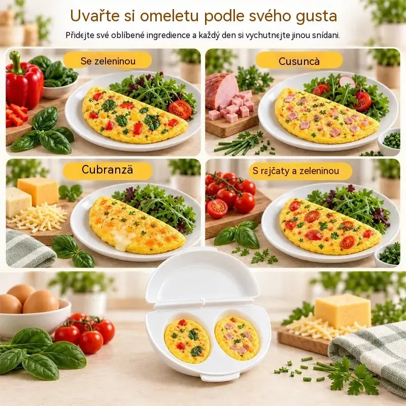 🔥🍳 Dokonalá snídaně během pár minut! Nádoba na přípravu omelet v mikrovlnné troubě 🥚 | 2 oddíly · Nepřilnavý materiál vhodný pro styk s potravinami · Odnímatelné panty pro snadné čištění · Rychlá příprava bez nutnosti oleje