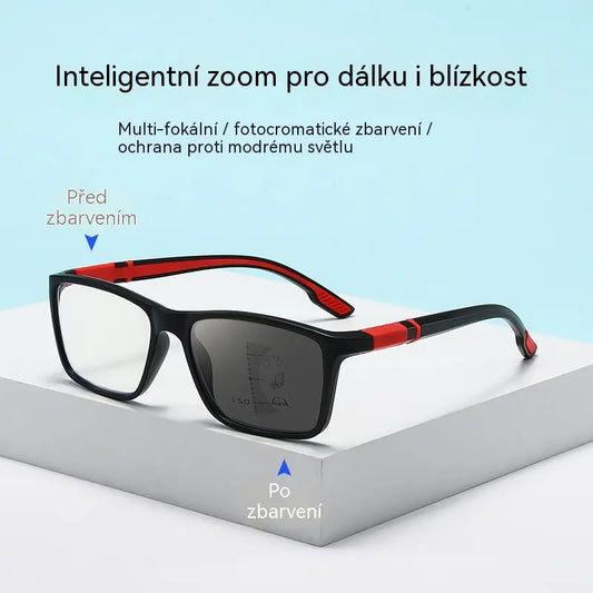 Nové stylové a sportovní multifokální brýle na čtení: navržené speciálně pro seniory, s protiskluzovou úpravou, fotochromatickými skly a možností využití pro vidění do dálky i na blízko.