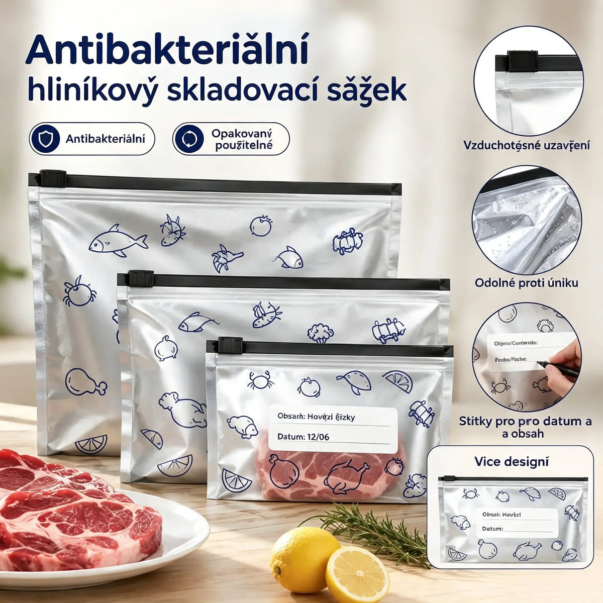 【30 sáčků】 antibakteriálních hliníkových sáčků, super snadno použitelných, pro zachování čerstvosti.