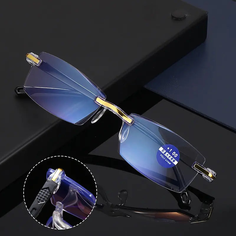 1 pár za 460 Kč 🧐👓 Elegantní brýle na čtení s filtrem modrého světla; bezrámový design pro snížení únavy očí a prevenci krátkozrakosti; vhodné pro muže i ženy.