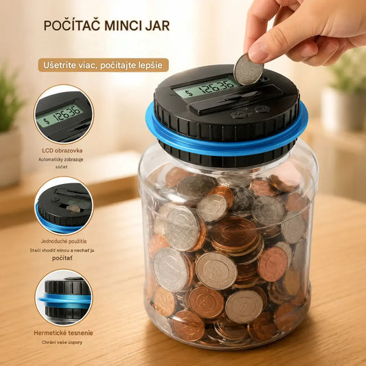 Velká automatická pokladnička s počítadlem eur pro ukládání mincí.