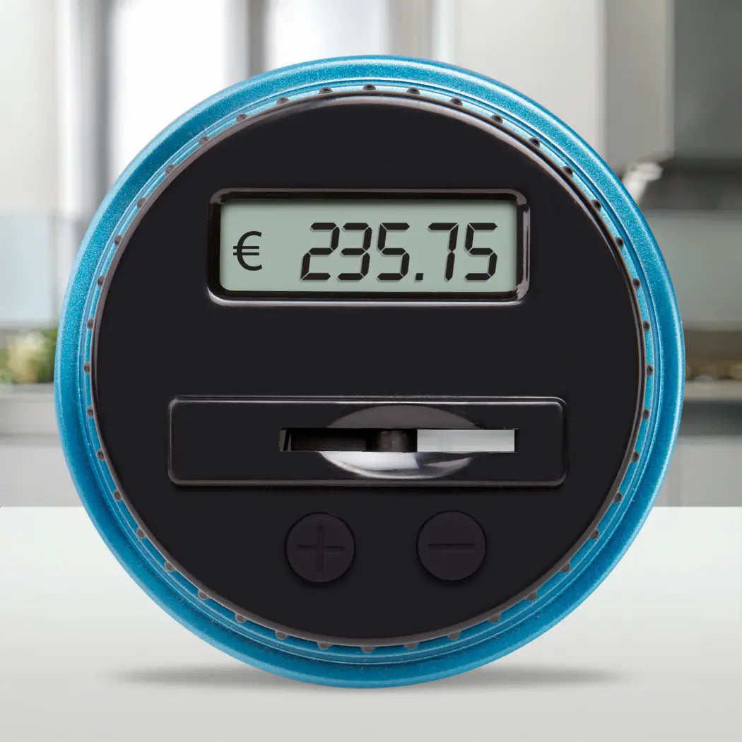 Velká automatická pokladnička s počítadlem eur pro ukládání mincí.